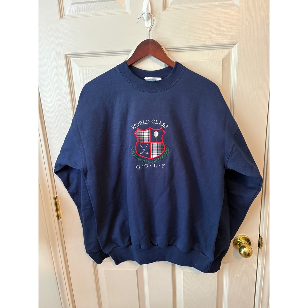 Vintage M&C Sport World Class Golf Embroidered Crest Sweatshirt Navy Blue Large